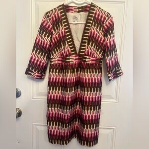 Milly Women’s Silk Shift Mini Cocktail Formal Bold Pink and Brown Dress Size 2